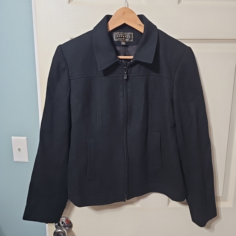 Express VTG Jacket Womens 7/8 Wool Full Zip 90s Pockets Lined Classic City Black